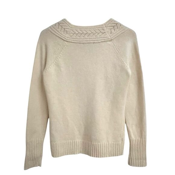 Womens Cream V-Neck Sweater Medium Pointelle Preppy Cottagecore Wool Rabbit Hair - Picture 2 of 12
